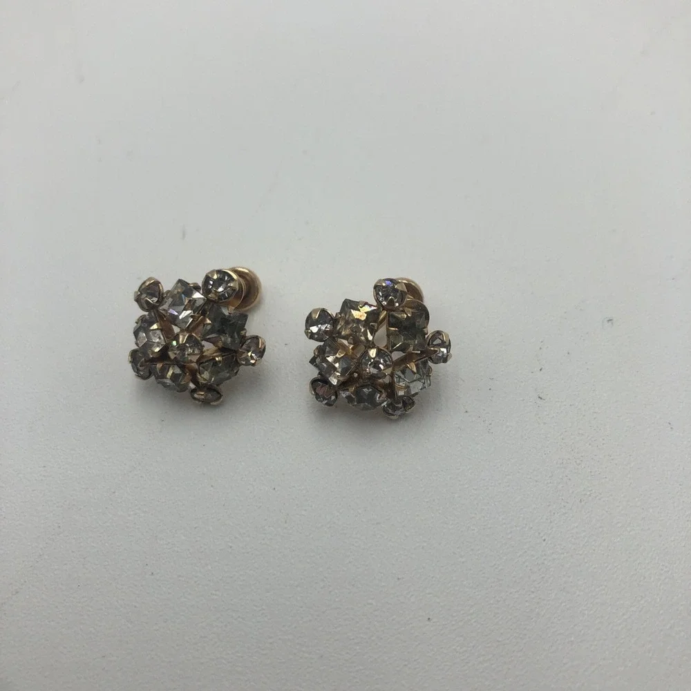VINTAGE M&S GOLD FILLED EARRINGS WHITE‎ CRYSTALS STAR SHAPE SCREW ON 1/20-12K